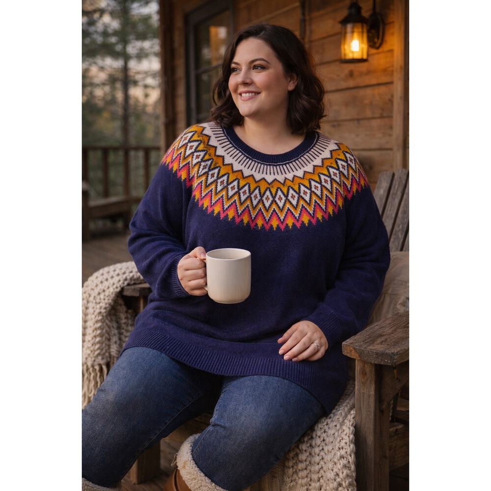 Old Navy Fair Isle Sweater 2X Navy Blue Preppy Cozycore Winter Heritage Holiday